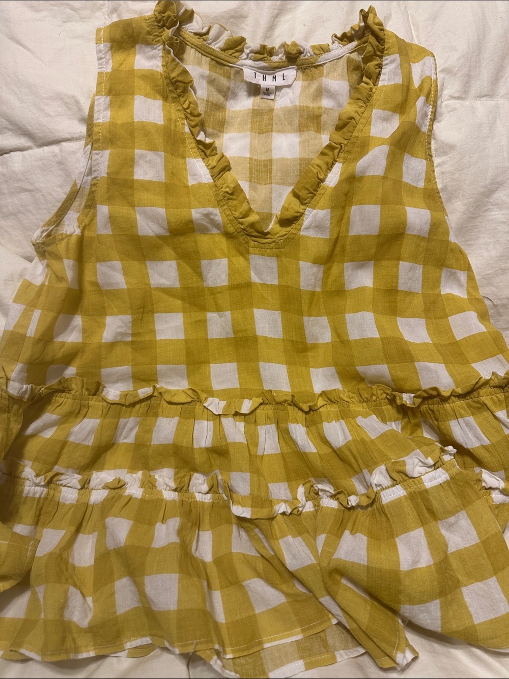 THML Yellow and White Gingham Ruffle Tank